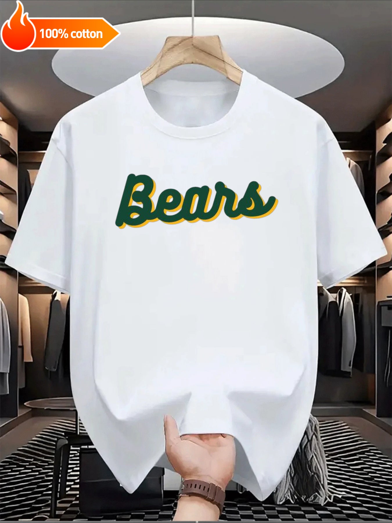 White T-shirt Bears Logo Comfortable Cotton Casual Round Neck Perfect for Outdoor Activities Casual Attire