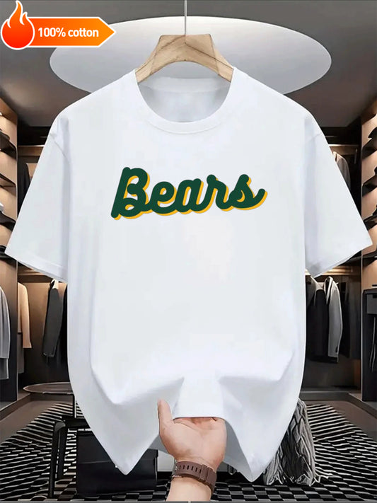 White T-shirt Bears Logo Comfortable Cotton Casual Round Neck Perfect for Outdoor Activities Casual Attire