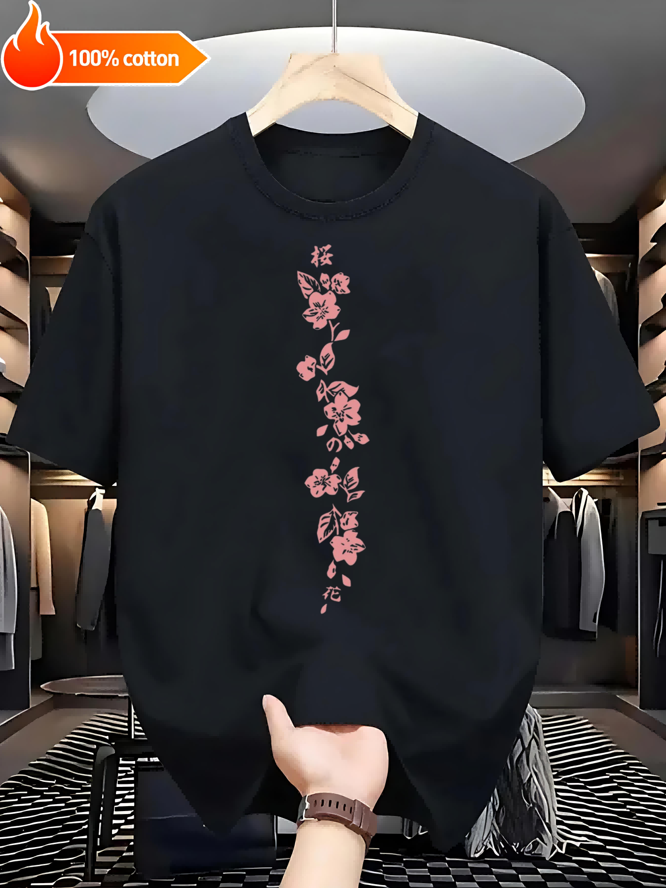 Black T-shirt Cherry Blossom Pattern Design Comfortable Cotton Casual Round Neck Perfect for Outdoor Activities Casual Attire