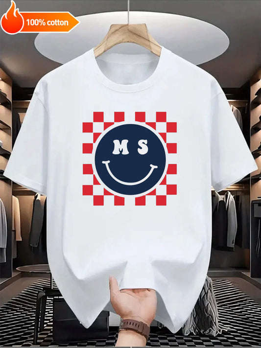 White T-shirt MS Smiley Comfortable Cotton Casual Round Neck Perfect for Outdoor Activities Casual Attire