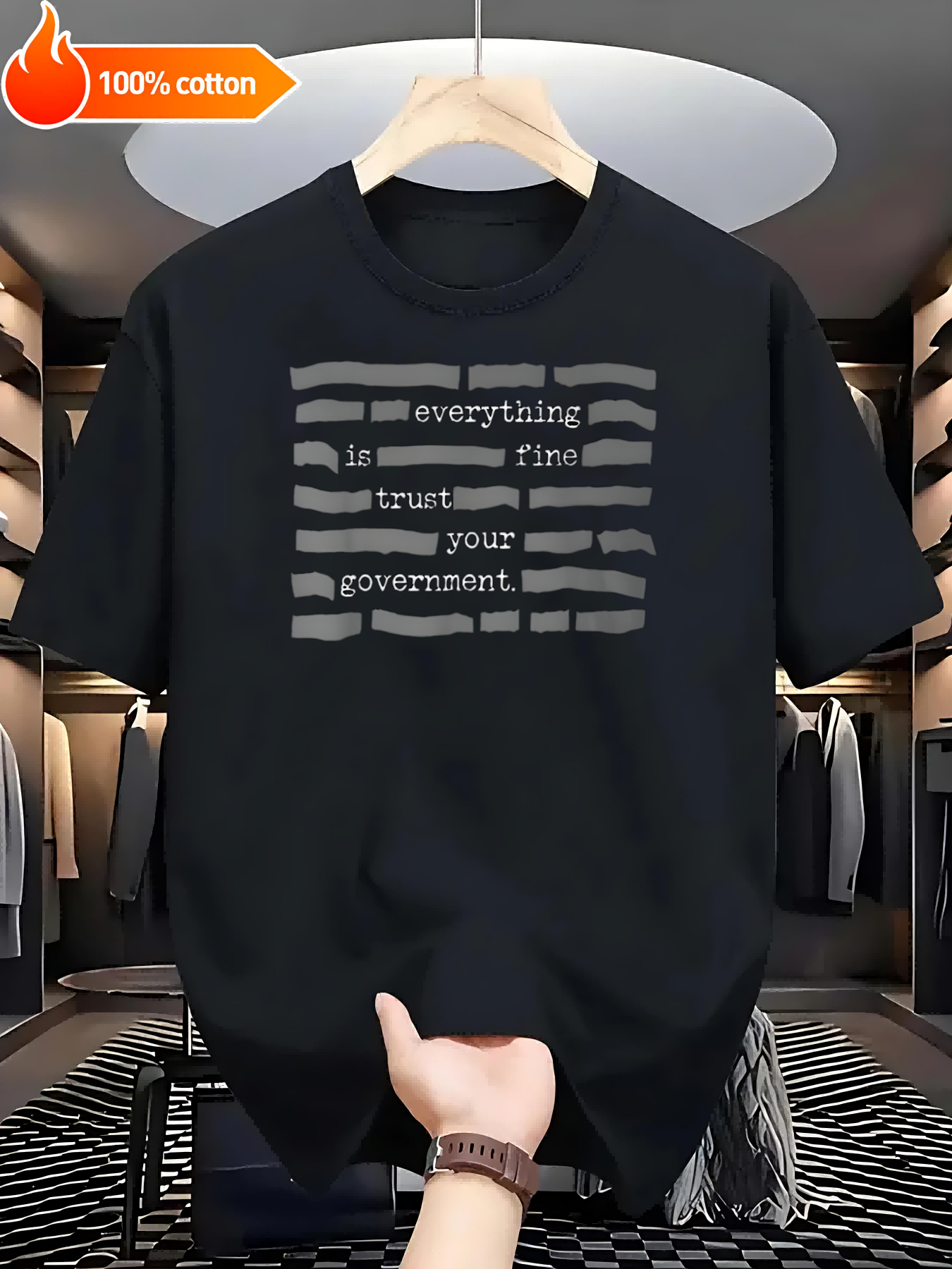 Black T-shirt Trust Your Government Comfortable Cotton Casual Round Neck Perfect for Outdoor Activities  Casual Attire
